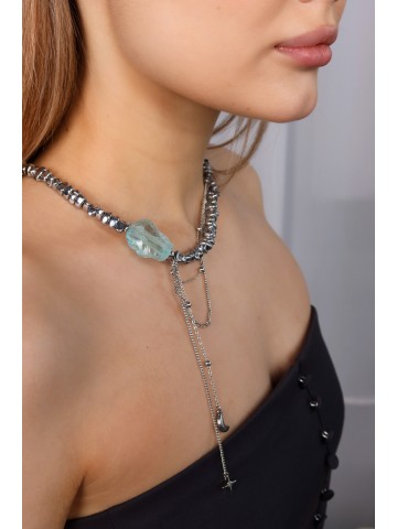 Колье из гематита с аквакварцем 